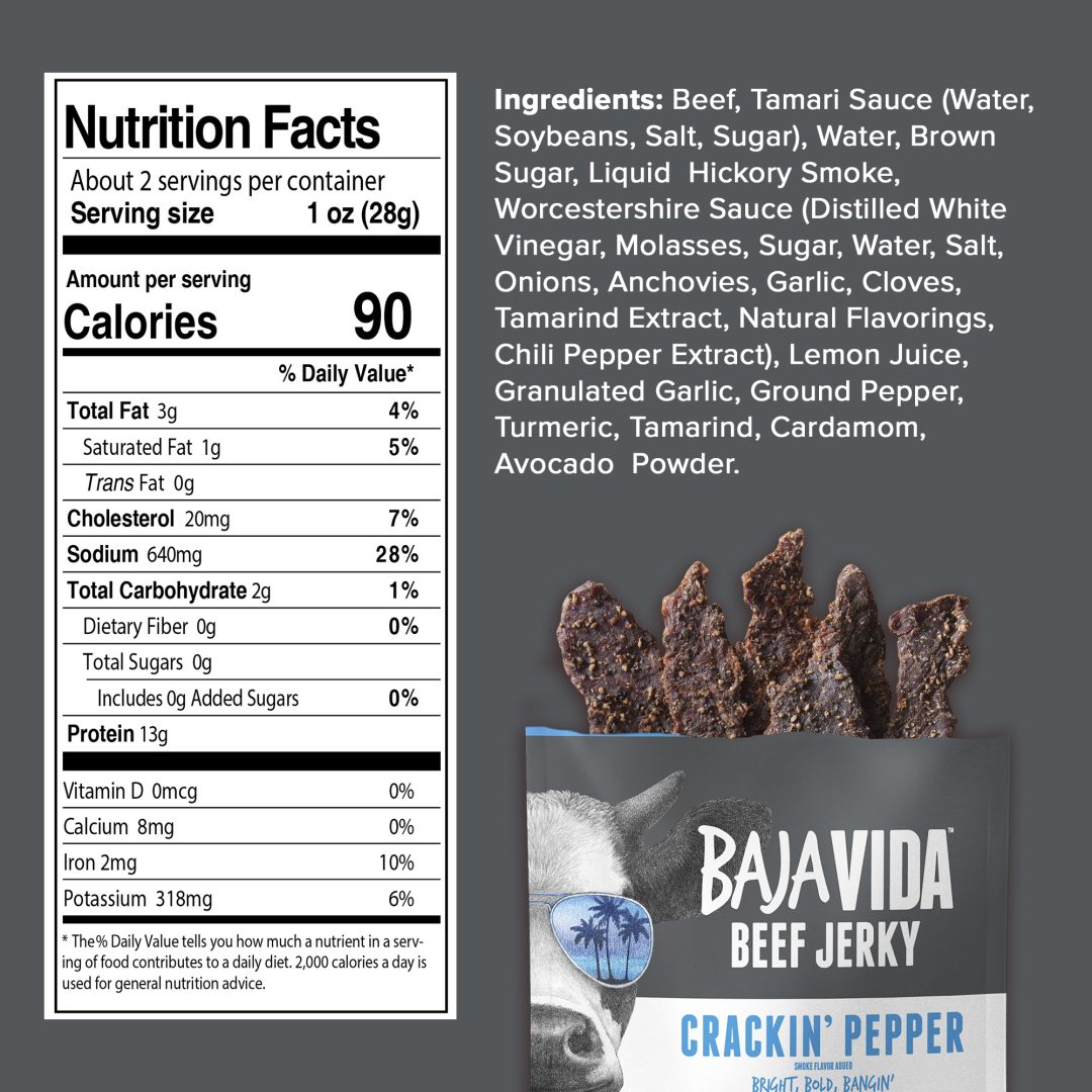 Baja Vida Beef Jerky Zero Sugar Crackin' Pepper Nutrition