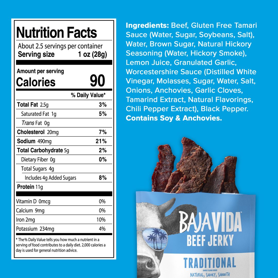 Baja Vida Beef Jerky Traditional Nutrition Fact Panel
